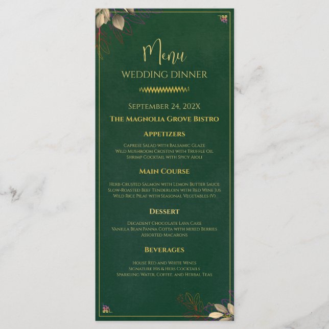 Élégant Emerald Green & Gold Mariage Dinner Menu (Devant)