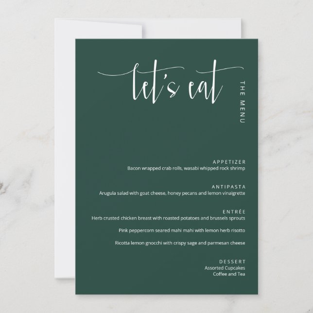 Élégant Emerald Green Moderne Dîners Menu (Devant)