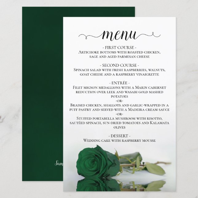 Élégant Emerald Green Rose Budget Mariage Menu (Devant / Derrière)