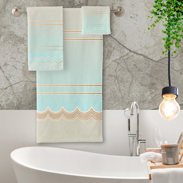 Élégant ensemble de serviettes de bain Turquoise B (A beautiful striped bathroom towel set in soft turquoise and sandy beach colors)