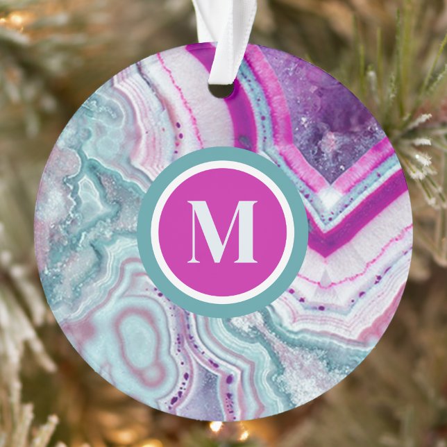 Élégant et élégant Monogramme initial Noël (Modern Teal Magenta Pink Agate Initial Monogram Ornament)