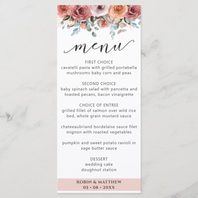 Elegant Ethereal Rose Gold Floral Mariage Menu (Devant)