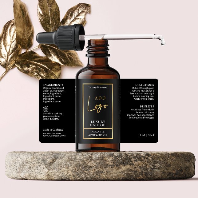 Élégant Étiquette à goutte d'huile de cheveux noir (Elevate your cosmetic bottles with this elegant black & gold dropper bottle wrap around label)