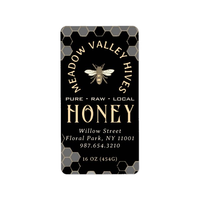 Elégant Étiquette de HONEY Noir avec abeille et ab (Devant)