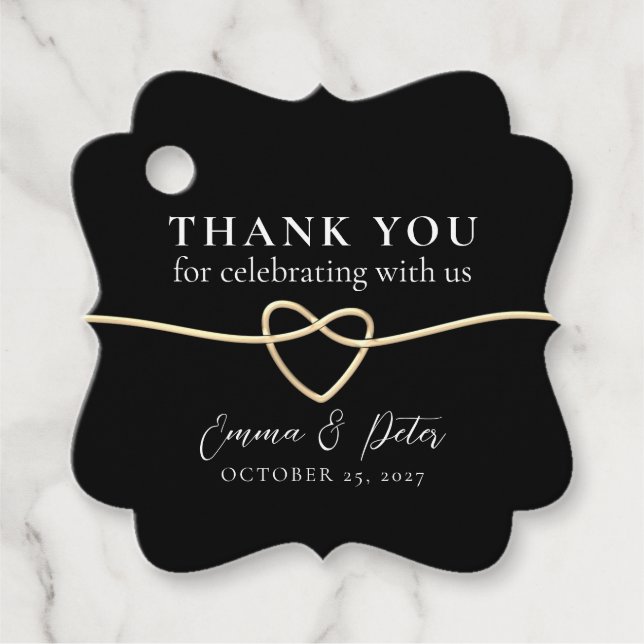 Élégant Étiquette de Remerciement de Mariage Noir  (Devant)