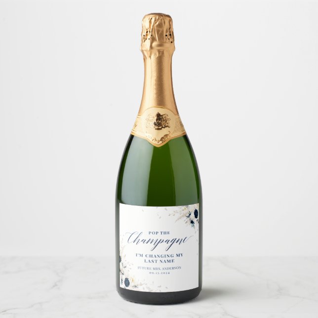 Élégant Étiquette de vin flamboyant Floral Bleu (Devant)