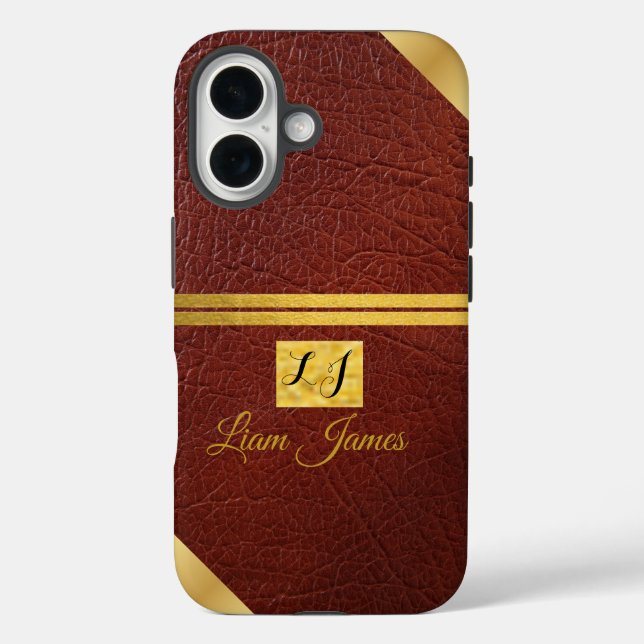 Élégant étui de téléphone en cuir marron à monogra (Verso)