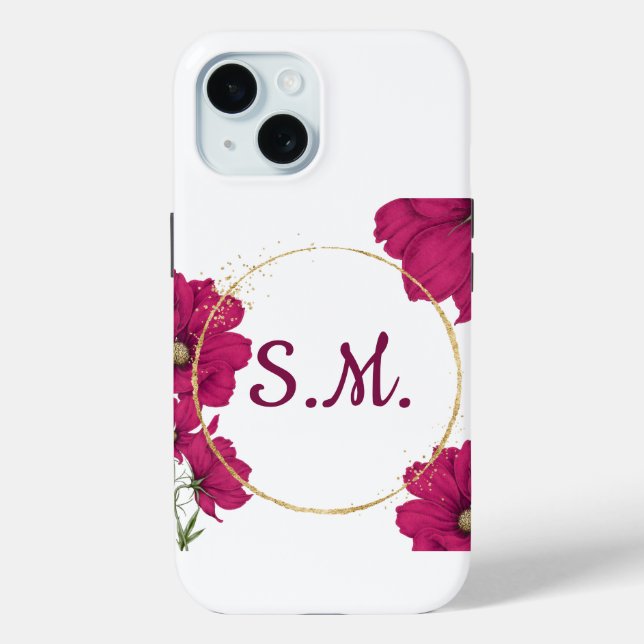 Élégant Étui de Téléphone Fleur Rose Cercle Or (Verso)