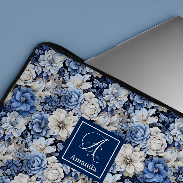 Élégant Étui Housse pour Ordinateur Portable Fleur (Chic Navy Blue Flowers Stylish Laptop Sleeve Case)