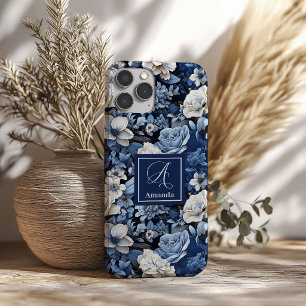 Élégant Étui iPhone Luxe Fleurs Ivoire Bleu Marine