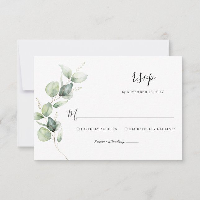Elégant Eucalyptus Aquarelle Script Mariage RSVP (Devant)