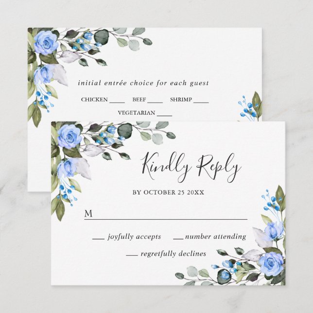 Elégant Eucalyptus Blue Roses mariage carte RSVP (Devant / Derrière)