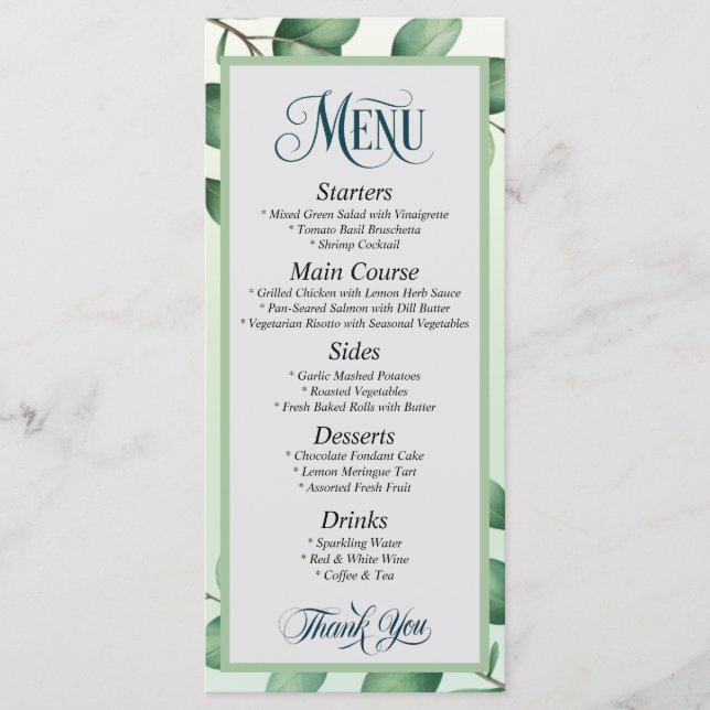 Elégant Eucalyptus Feuille Menu Mariage moderne (Devant)