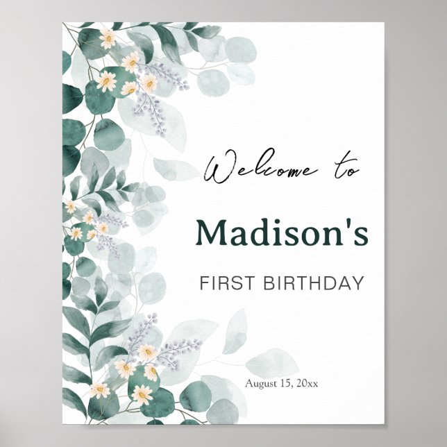 Elegant Eucalyptus Fisrt Birthday Welcome   Poster (Devant)