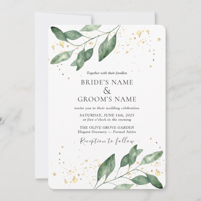 Elegant Eucalyptus Gold Wedding Invitation (Devant)