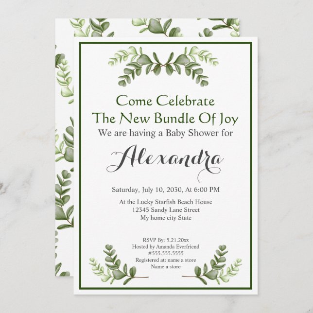Elégant Eucalyptus Green Baby shower invitation (Devant / Derrière)