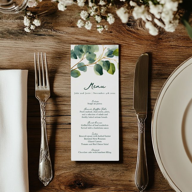 Elégant Eucalyptus Greenery Carte Menu Mariage (Wedding reception dinner menu with green text and eucalyptus leaves framing the top)