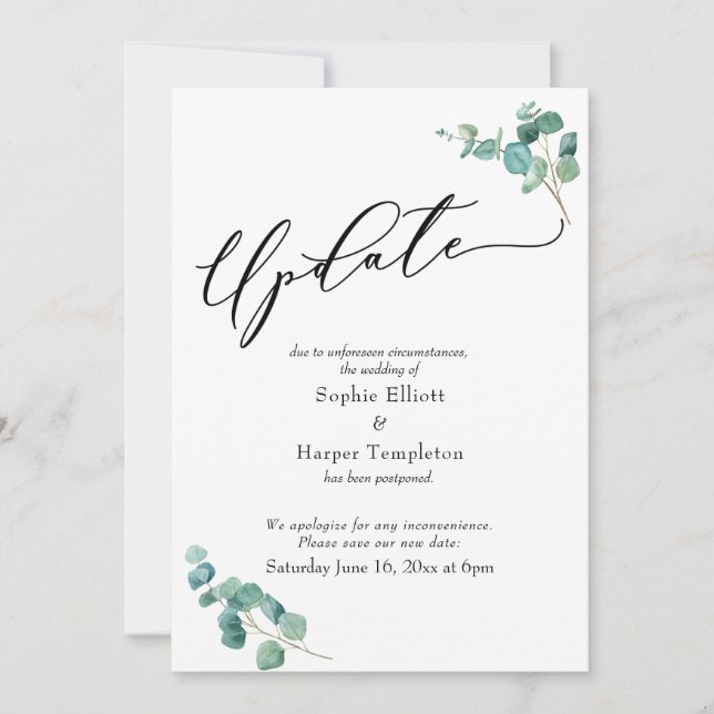 Elegant Eucalyptus Postpond Mariage Carte de mise  (Devant)