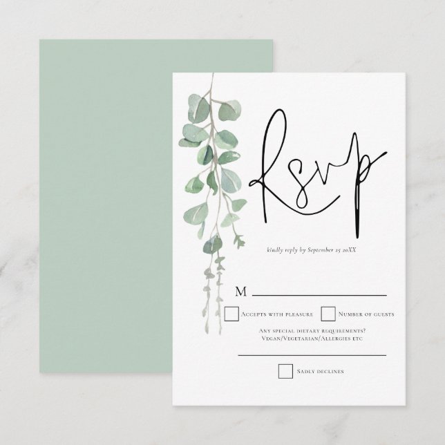 Elégant Eucalyptus Script Mariage RSVP (Devant / Derrière)