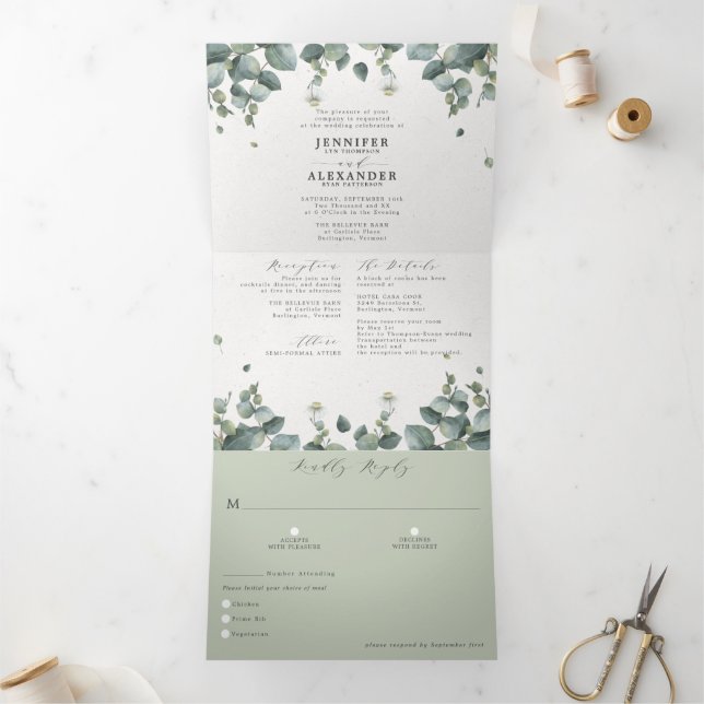 Élégant Eucalyptus tout en un Mariage Tri-Fold Inv (Intérieur)