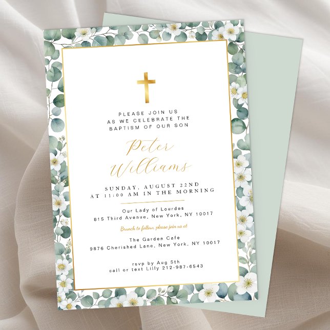 Elégant Eucalyptus Verdure Baptême Invitation (Gold Cross Eucalyptus Baptism Invitation)