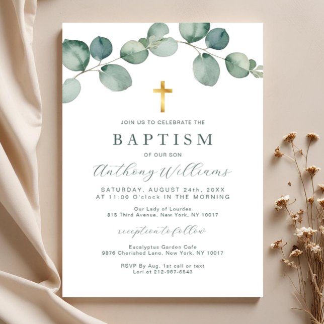 Elégant Eucalyptus Verdure Baptême Invitation (Baptism Invitation)