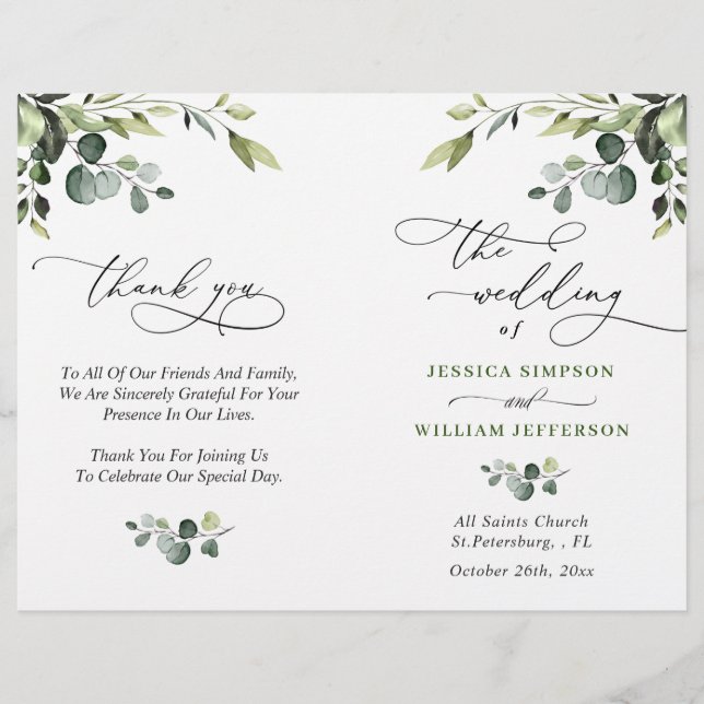 Elégant Eucalyptus Watercolor Boho Wedding Program (Devant)