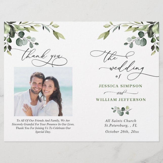 Elégant Eucalyptus Watercolor Boho Wedding Program (Devant)