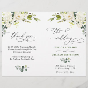 Elégant Eucalyptus White Roses Programme de mariag