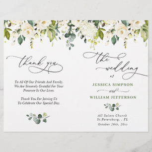 Elégant Eucalyptus White Roses Programme de mariag