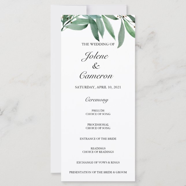 Elégant Eucalyptus White Wedding Programme (Devant)
