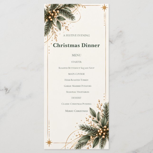 Elegant Evergreen Gold Christmas Dinner Menu (Devant)