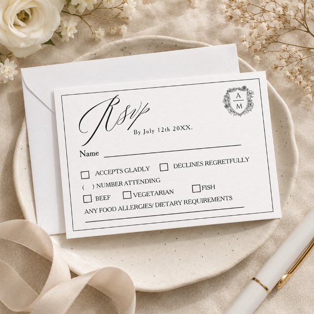 Élégant Faire-Part de Mariage à Crête Florale Mini (Elegant Minimalist Floral Crest Wedding RSVP Card)