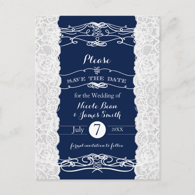 Élégant faire-part de mariage à dentelle bleue et  (Devant)