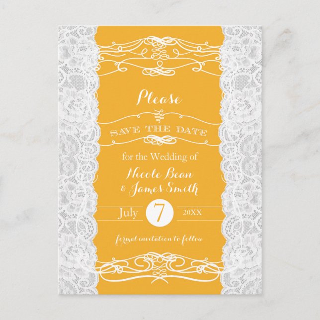 Élégant faire-part de mariage à dentelle jaune et  (Devant)