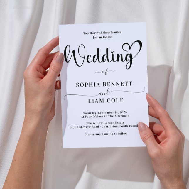 Élégant faire-part de mariage à l'écriture cœur no (Elegant Black and White Heart Script Wedding Invitation romantic simple calligraphy love & thanks )
