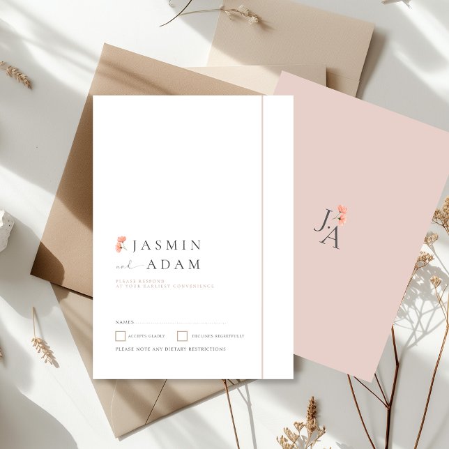 Élégant faire-part de mariage à monogramme floral  (Elegant Blush Floral Wedding RSVP Card)