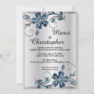 Elégant faire-part de mariage argent et bleu