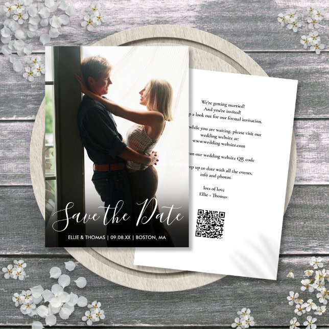 Élégant faire-part de mariage avec code QR de phot (Elegant Script Photo QR Code Wedding Save The Date)