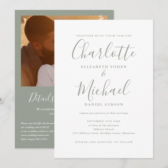 Élégant faire-part de mariage avec code QR en vert (Devant / Derrière)