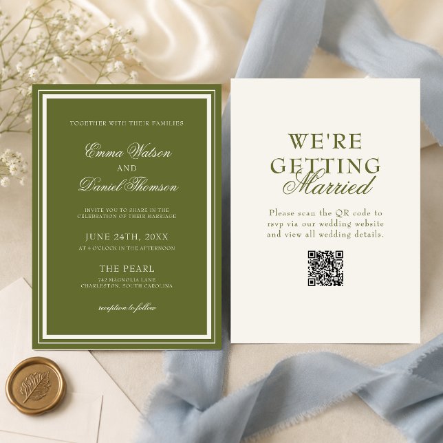 Élégant faire-part de mariage avec QR Code vert ol (Elegant olive green QR code wedding invitation blends timeless style with easy access.)