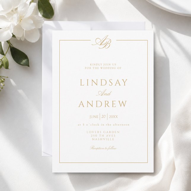 Élégant Faire-Part de Mariage Blanc avec Monogramm (Elegant Monogram Border White Wedding Invitation)