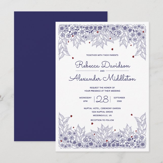Elégant Faire-part de mariage Bleu Blanc (Devant / Derrière)