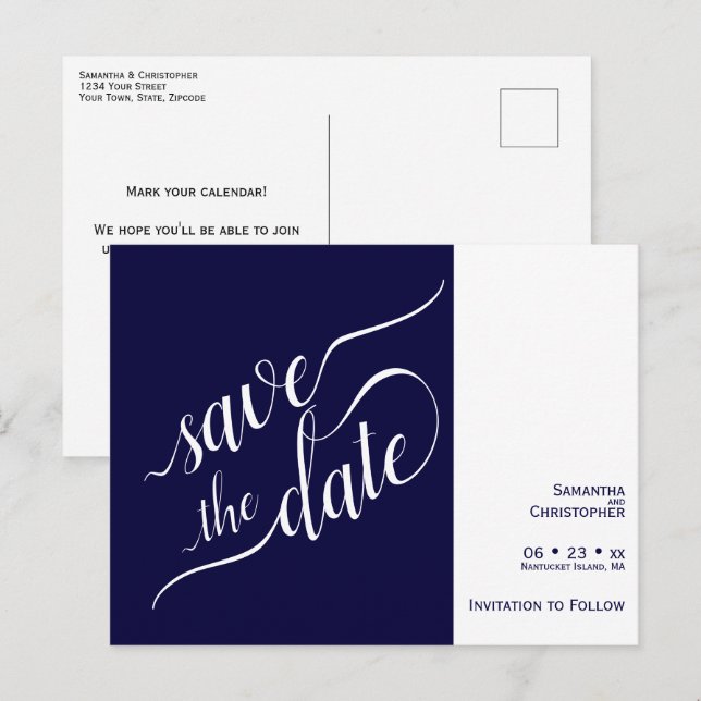 Élégant Faire-Part de Mariage Bleu Marine (Devant / Derrière)