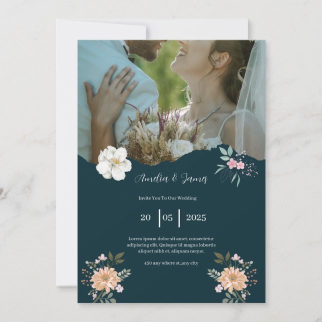 Elégant Faire-part de mariage bleu marine (Devant)