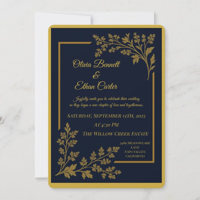 Elégant Faire-part de mariage Blue & Gold Navy (Devant)