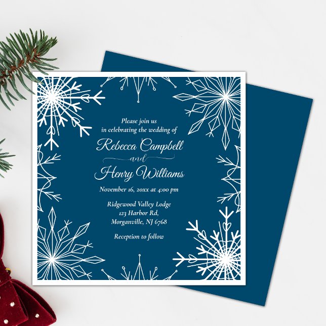 Élégant Faire-part de mariage Blue Winter Snowflak (Celebrate love with our elegant winter wedding invitation, spreading joy to all invited.)