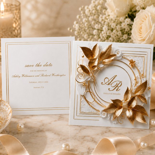 Élégant Faire-Part de Mariage Botanique Or pour Sa (elegant opulent ivory gold foliage personalized wedding save the date cards)