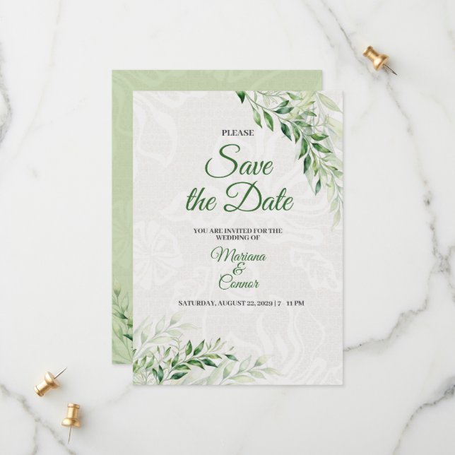 Élégant faire-part de mariage botanique vert Save  (Devant/Arrière en situation)