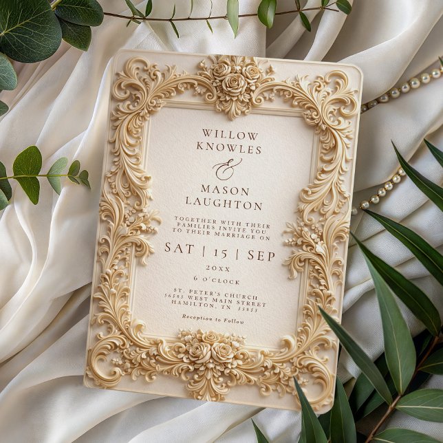Élégant Faire-Part de Mariage Cadre Doré Baroque (Elegant Baroque Gold Frame Wedding Invitation)
